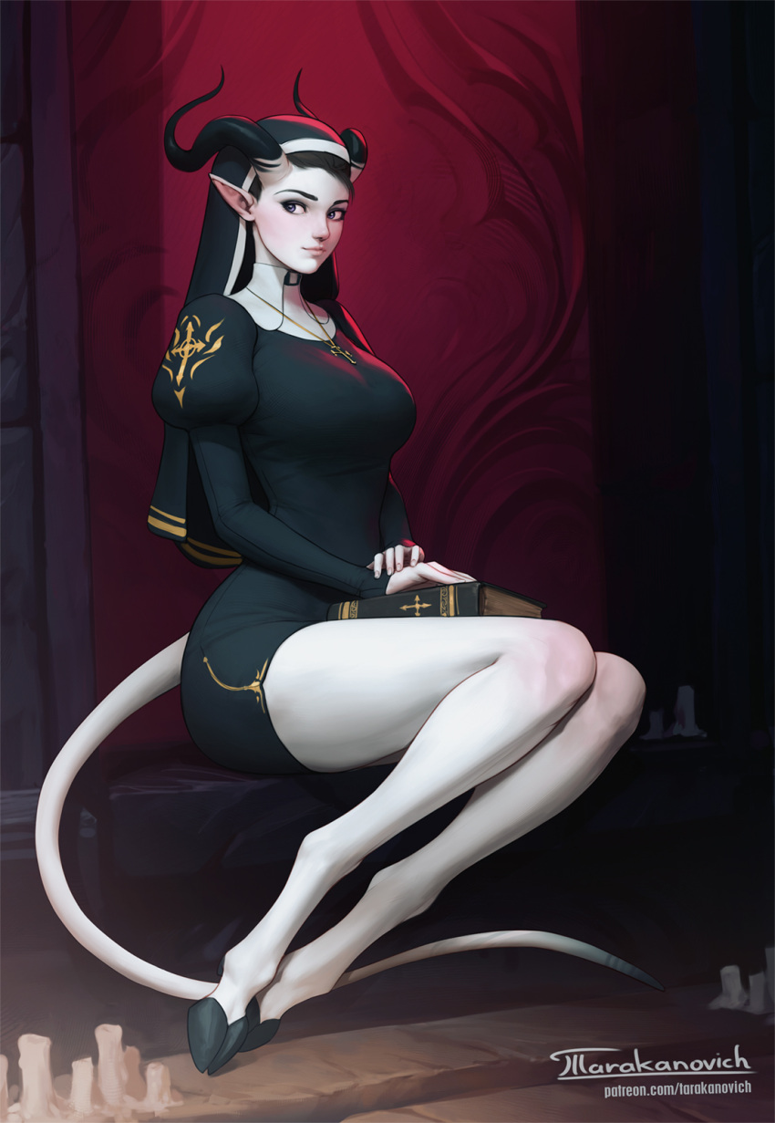 1girl bare_legs black_eyes black_hair book book_on_lap breasts candle commentary cross cross_necklace demon_girl demon_horns english_commentary full_body habit highres hooves horns jewelry juliet_sleeves large_breasts light_smile long_sleeves looking_at_viewer necklace nun original pale_skin pinup_(style) pointy_ears puffy_sleeves skin-covered_horns solo tail tarakanovich