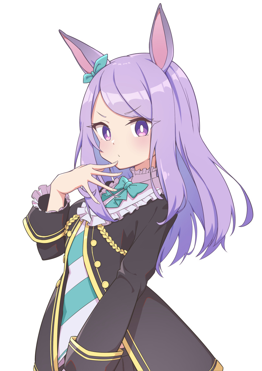 1girl absurdres aiguillette animal_ears bangs black_jacket blush bow bowtie ear_ribbon eyebrows_visible_through_hair frilled_shirt_collar frills hand_to_own_mouth highres horse_ears jacket long_sleeves looking_at_viewer mejiro_mcqueen_(umamusume) ojou-sama_pose purple_hair quarterlift simple_background solo swept_bangs umamusume upper_body violet_eyes white_background
