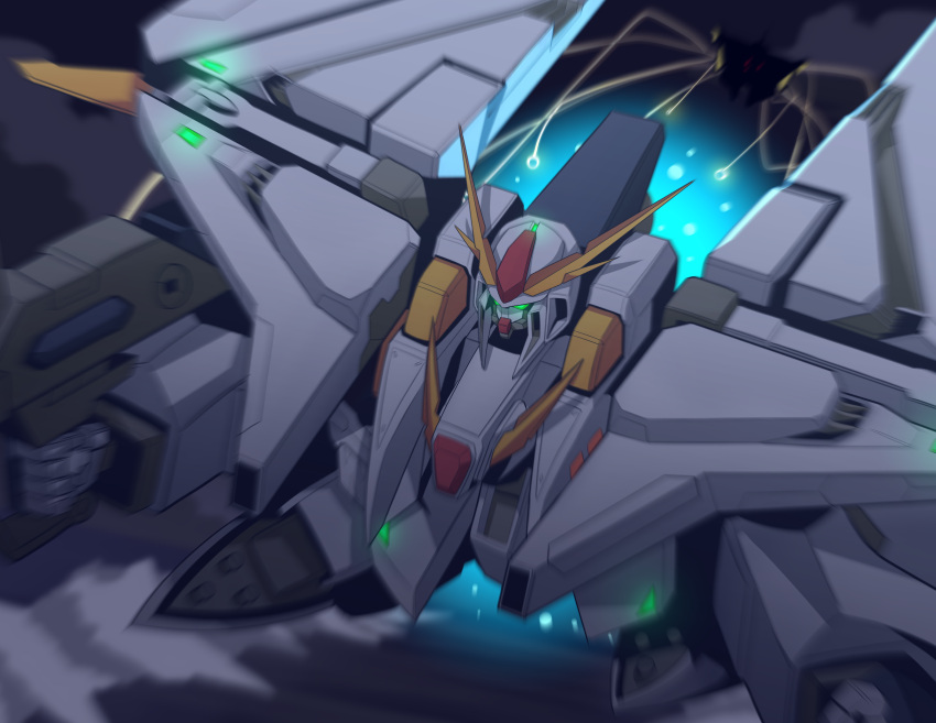 absurdres battle beam_rifle chasing commentary energy_gun flying funnels green_eyes gundam gundam_hathaway's_flash gylmyr highres mecha missiles mobile_suit night night_sky no_humans ocean penelope_(hathaway's_flash) science_fiction sky smoke_trail v-fin weapon xi_gundam