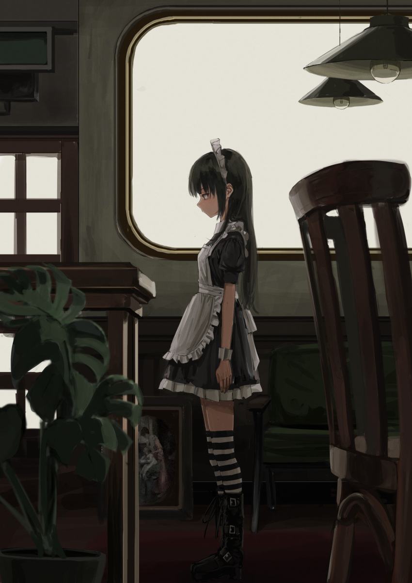 1girl absurdres ankle_boots apron belt_boots black_dress black_eyes black_hair boots closed_mouth dress from_side highres long_hair looking_down maid maid_apron maid_headdress nadegata original plant potted_plant profile puffy_short_sleeves puffy_sleeves short_sleeves solo standing striped striped_legwear thigh-highs white_apron wrist_cuffs