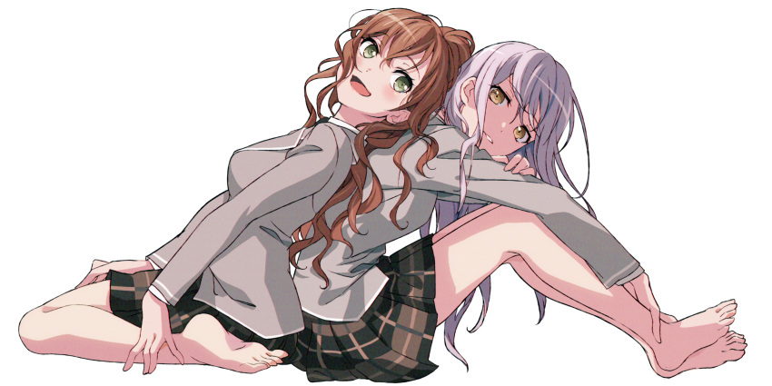 2girls absurdres back-to-back bang_dream! bangs barefoot blazer breasts brown_hair brown_skirt commentary eyebrows_visible_through_hair from_side full_body green_eyes grey_jacket hair_between_eyes hand_on_own_arm hand_on_own_leg haneoka_school_uniform highres imai_lisa jacket knees_up leaning_back leaning_on_person long_hair long_sleeves looking_at_viewer looking_to_the_side medium_breasts minato_yukina miniskirt multiple_girls nobusawa_osamu open_mouth parted_lips plaid plaid_skirt pleated_skirt ponytail school_uniform sidelocks silver_hair simple_background sitting skirt smile wariza wavy_hair white_background yellow_eyes