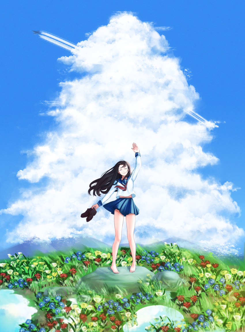 1girl arms_up barefoot black_hair blue_skirt blue_sky chya_(p_chihaya) closed_eyes closed_mouth condensation_trail field flower flower_field footwear_removed highres holding holding_shoes long_hair long_sleeves original pleated_skirt sailor_collar sailor_shirt scenery school_uniform serafuku shirt shoes shoes_removed skirt sky sleeve_cuffs smile solo waving white_shirt