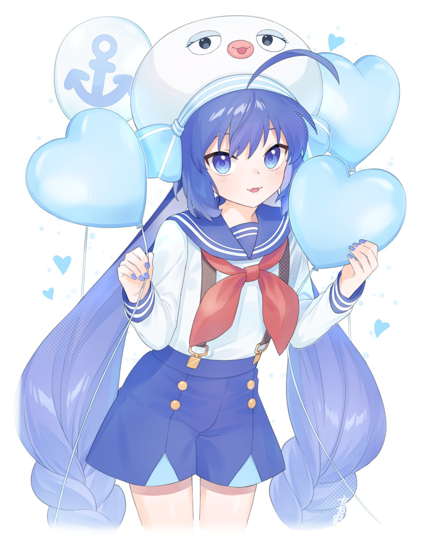 1girl absurdres ahoge anchor_print balloon blue_collar blue_eyes blue_hair blue_nails blue_shorts braid collar collared_shirt commentary cowboy_shot eel_hat fang heart heart_balloon highres holding holding_balloon long_hair looking_ahead nail_polish otomachi_una parted_lips sailor_collar shirt shorts signature skin_fang smile solo suiso_sn3 suspender_shorts suspenders twin_braids twintails very_long_hair vocaloid white_headwear white_shirt