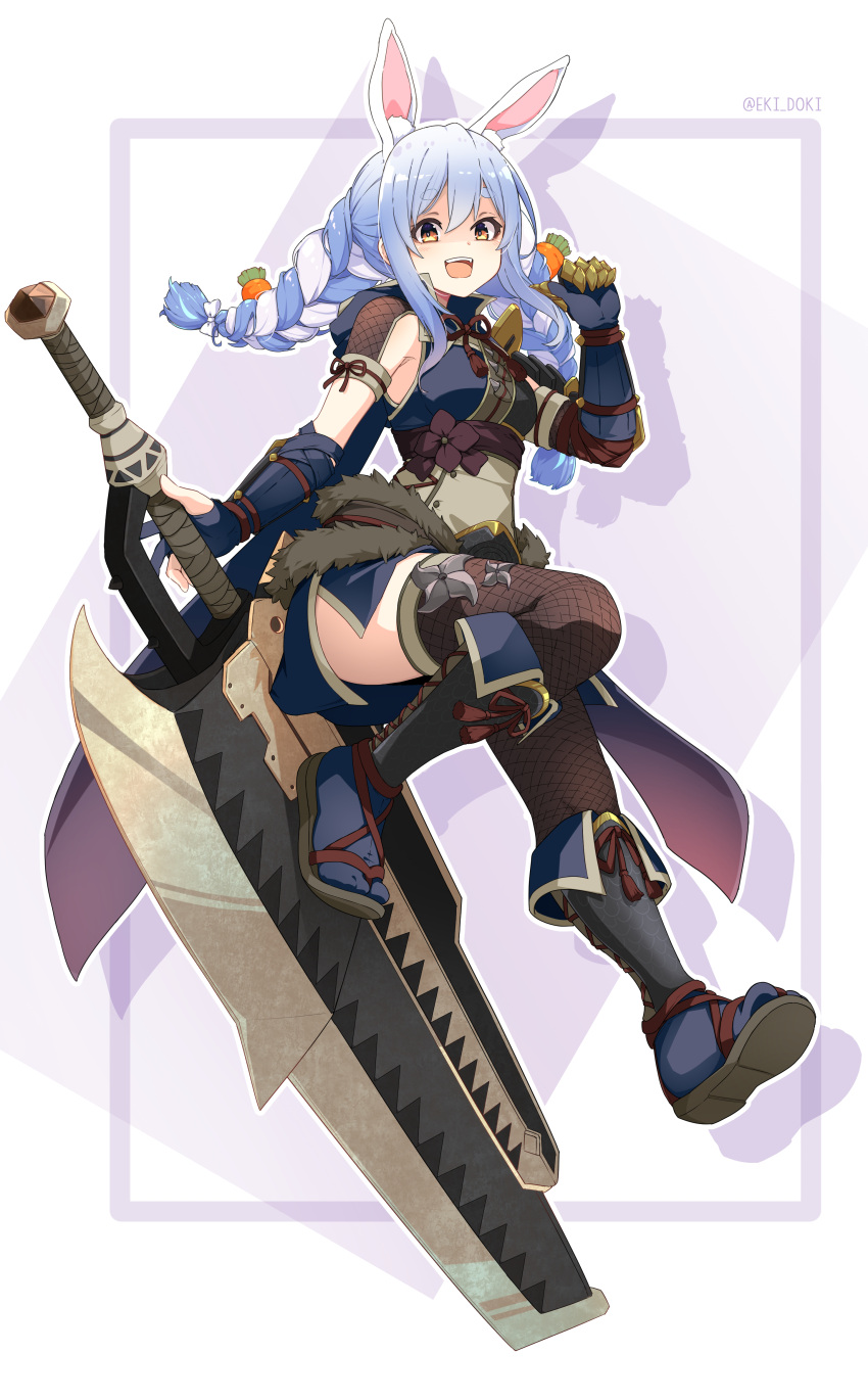 absurdres alternate_costume animal_ear_fluff animal_ears bangs blue_hair braid breasts bunny-shaped_pupils carrot_hair_ornament eki_doki food_themed_hair_ornament hair_ornament highres hikimayu hololive kamura_(armor) long_hair monster_hunter_(series) monster_hunter_rise multicolored_hair orange_eyes rabbit_ears short_eyebrows small_breasts swept_bangs thick_eyebrows twin_braids twintails two-tone_hair usada_pekora virtual_youtuber white_hair