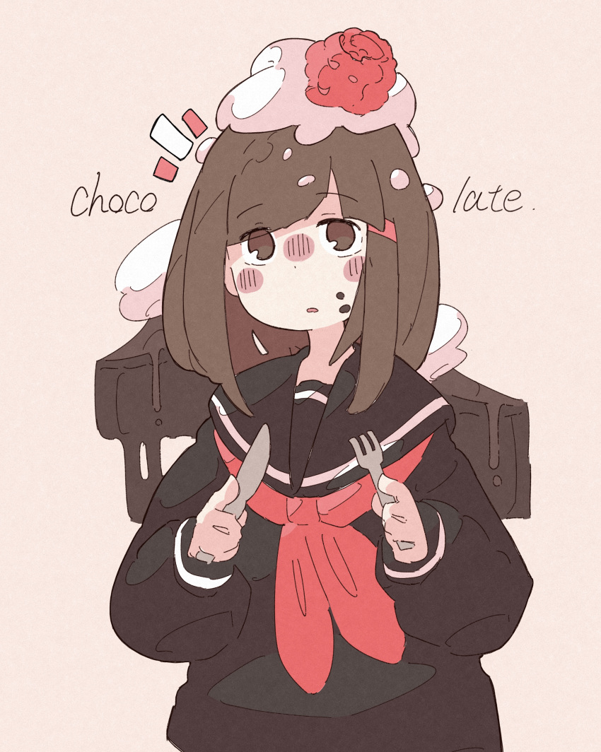 1girl absurdres black_sailor_collar black_shirt blush brown_eyes brown_hair english_text food food_on_face food_on_head fork haru57928031 highres holding holding_fork holding_knife knife long_sleeves neckerchief no_nose object_on_head open_mouth original red_neckwear sailor_collar shirt solo upper_body