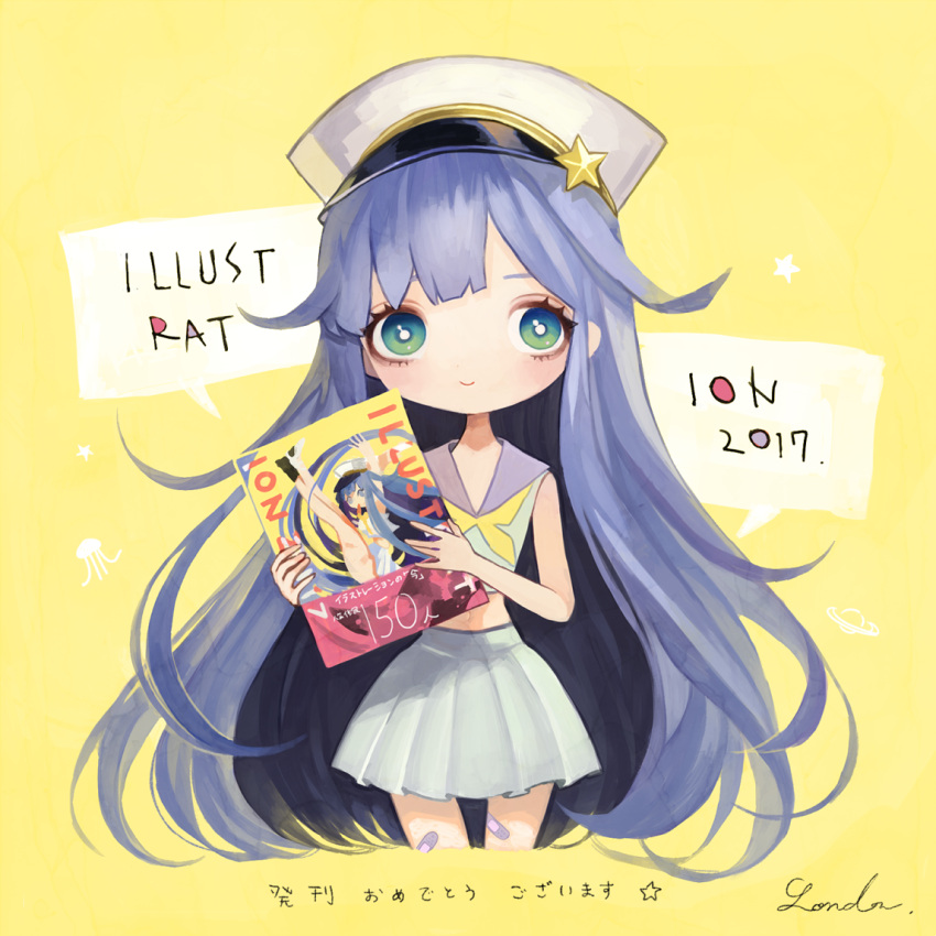 1girl 2017 aqua_eyes bandaid bandaid_on_leg bangs blue_hair blush book bright_pupils cowboy_shot cropped_legs hat holding holding_book illustration.media jellyfish lalala222 long_hair neckerchief original pleated_skirt shirt signature skirt sleeveless sleeveless_shirt smile solo star_(symbol) very_long_hair white_pupils white_shirt white_skirt yellow_background yellow_neckwear