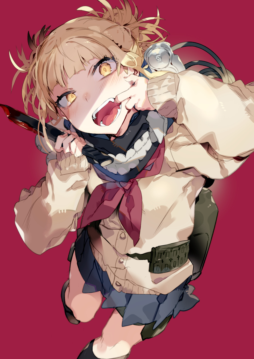 1girl absurdres belt blonde_hair blue_skirt boku_no_hero_academia cardigan dutch_angle fangs finger_in_mouth highres holding holding_knife holding_weapon karei knife messy_hair open_mouth pleated_skirt school_uniform serafuku skirt sleeves_past_wrists solo toga_himiko utility_belt weapon yellow_eyes