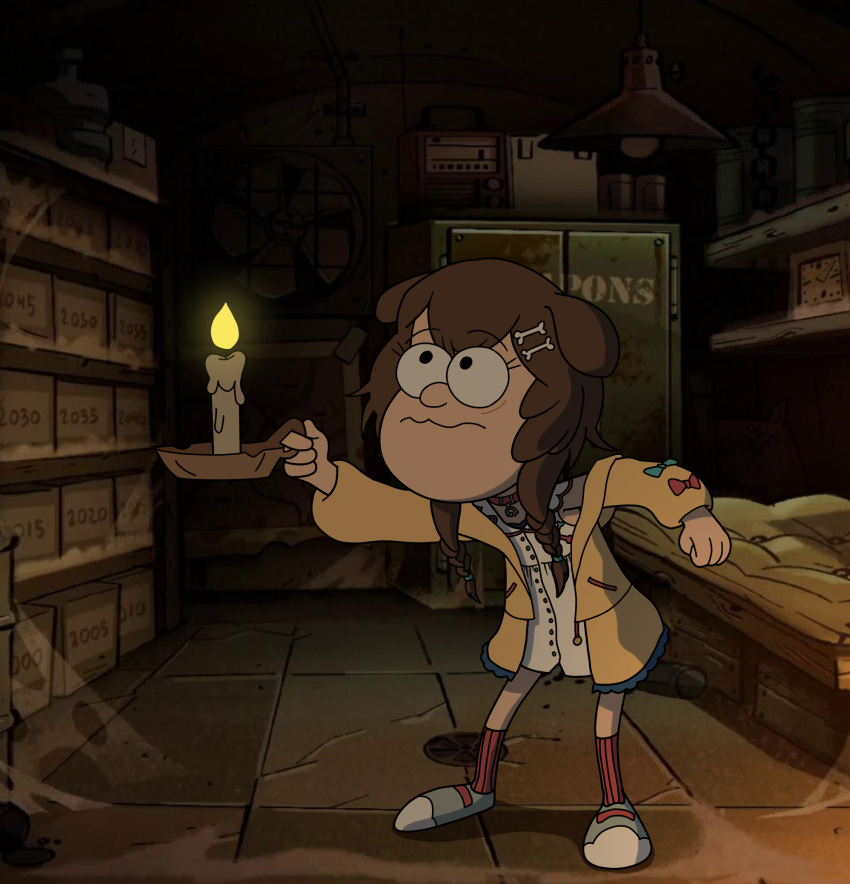 1girl animal_ears blue_bow bone_hair_ornament bow braid brown_hair cabinet candle cartoon_bone clenched_hand clock dark derivative_work dog_ears dog_girl dress english_commentary frilled_jacket full_body gravity_falls hair_ornament highres holding_candle hololive indoors inugami_korone jacket jodthecod lamp long_hair long_sleeves looking_up low_twin_braids open_clothes open_jacket parody pink_bow shelf silk solo spider_web standing style_parody twin_braids virtual_youtuber wavy_mouth white_dress yellow_jacket
