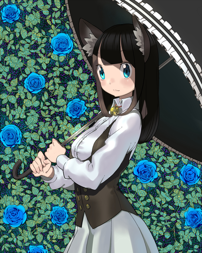 1girl animal_ears aqua_eyes bangs bell black_vest blue_flower blue_rose cat_ears cat_girl collared_shirt cowboy_shot dress flower frilled_umbrella frills highres holding holding_umbrella leaf long_sleeves looking_at_viewer nobile1031 original parasol plant rose shirt short_sleeves solo umbrella vest white_dress