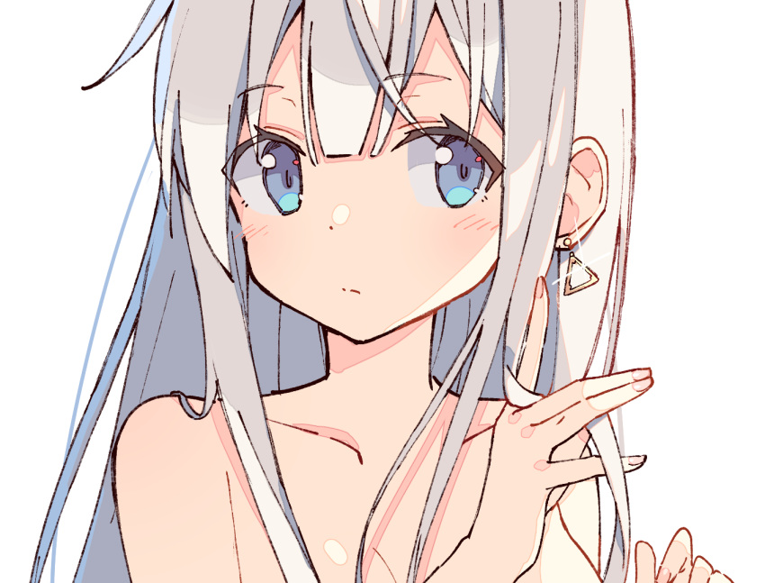 1girl bangs blue_eyes blush breasts closed_mouth collarbone earrings eyebrows_visible_through_hair glint grey_hair jewelry nail_polish nude original pink_nails simple_background solo white_background zoirun