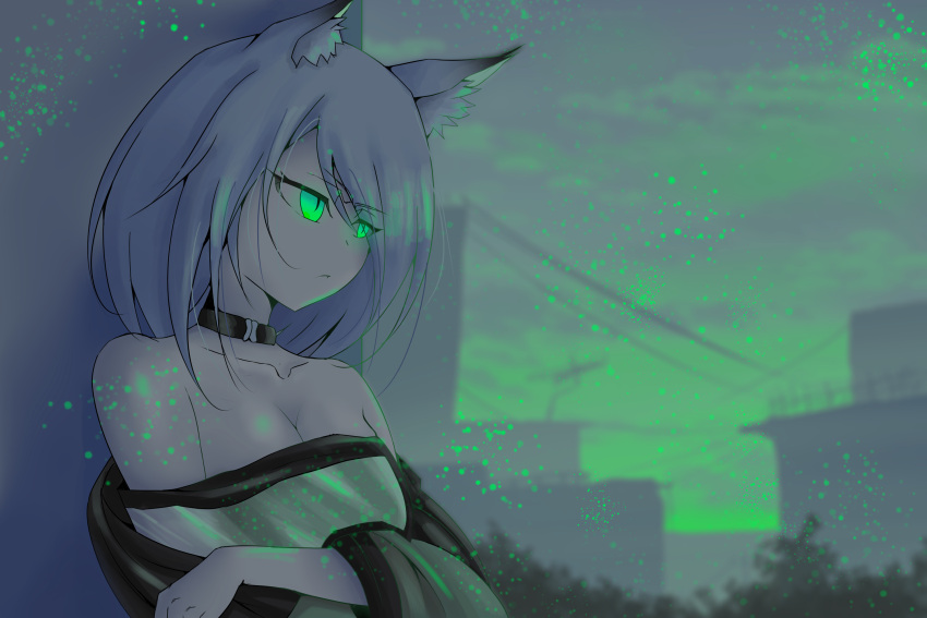 1girl animal_ear_fluff animal_ears arknights bare_shoulders breasts cat_ears closed_mouth collarbone dress dusko00 glowing glowing_eyes green_eyes highres kal'tsit_(arknights) light_green_hair looking_away looking_to_the_side md5_mismatch off-shoulder_dress off_shoulder short_hair slit_pupils