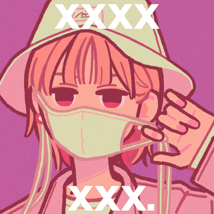 1girl absurdres bangs earrings hand_up hat highres jewelry looking_at_viewer mask mask_pull mouth_mask original pink_eyes pink_hair pink_theme portrait purple_background short_hair solo white_headwear white_mask yoshi_mi_yoshi
