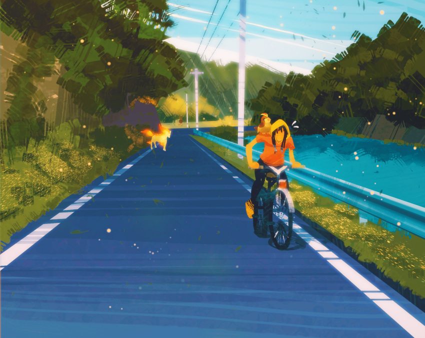 bicycle blue_sky bush commentary day doduo english_commentary fire flower gen_1_pokemon grass ground_vehicle highres hood outdoors pidgey plant pokemon pokemon_(creature) ponyta power_lines riding riding_bicycle road scenery shirt shoes simone_mandl sky sneakers t-shirt tree utility_pole water