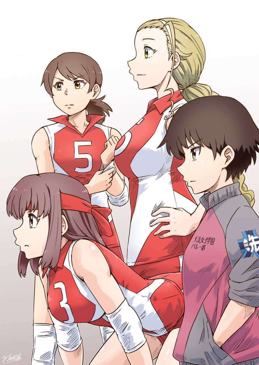 4girls artist_name bangs blonde_hair brown_eyes brown_hair closed_mouth commentary elbow_pads emblem frown fukuda_haru girls_und_panzer gradient gradient_background grey_background hair_pulled_back hairband hand_in_pocket hand_on_hip headband highres isobe_noriko jacket kawanishi_shinobu kondou_taeko leaning_forward long_hair looking_to_the_side medium_hair multiple_girls ooarai_(emblem) ponytail purple_jacket red_headband red_shirt red_shorts sasaki_akebi satou_yasu shirt short_hair short_ponytail short_shorts shorts signature single_vertical_stripe sleeveless sleeveless_shirt sleeves_rolled_up smile sportswear standing swept_bangs track_jacket translated volleyball volleyball_uniform white_hairband wristband