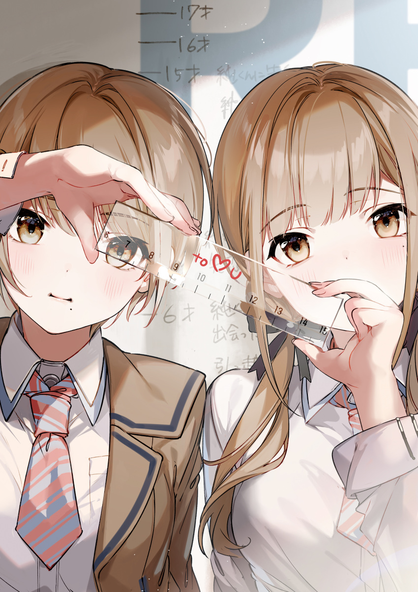 2girls absurdres al_mican blazer blush brown_eyes brown_hair brown_jacket collared_shirt colored_stripes commentary_request cover_image dress_shirt hair_ribbon hidden_mouth highres holding jacket koi_wa_futago_de_warikirenai low_twintails mini_necktie mole mole_under_eye mole_under_mouth multiple_girls open_blazer open_clothes open_jacket ribbon ruler school_uniform shirt short_hair siblings side-by-side sisters striped striped_neckwear twins twintails