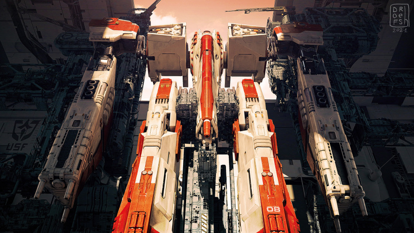 commentary dofresh english_commentary highres infinite_fleet limited_palette mecha no_humans orange_sky robot science_fiction sky