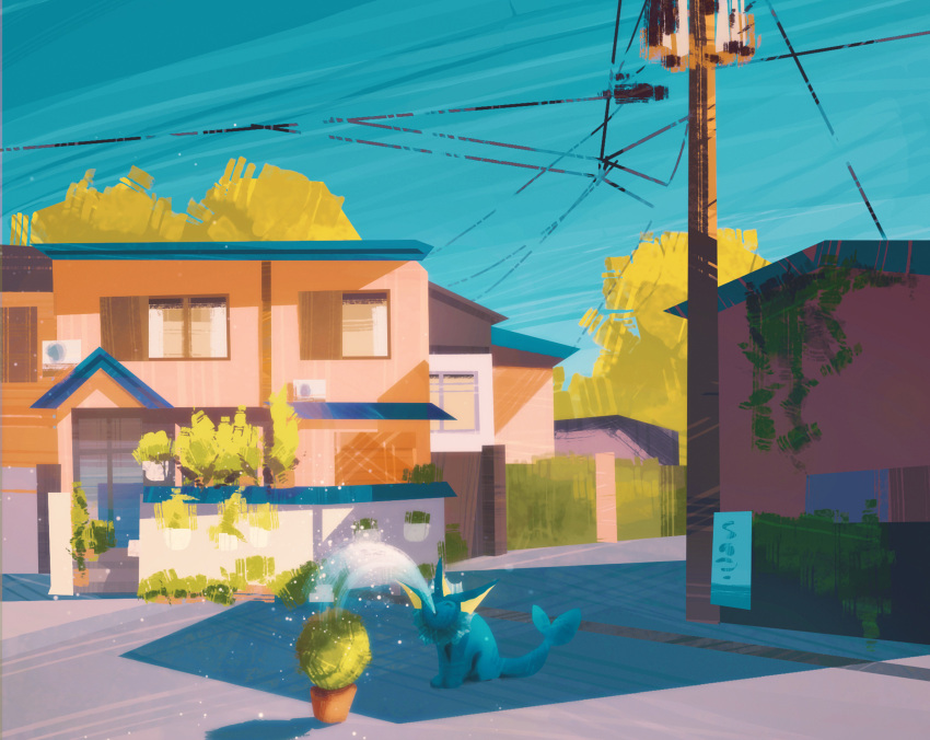 blue_sky building commentary english_commentary fuchsia_city gen_1_pokemon grass highres house outdoors plant pokemon pokemon_(creature) potted_plant power_lines road sidewalk sign simone_mandl sky utility_pole vaporeon water