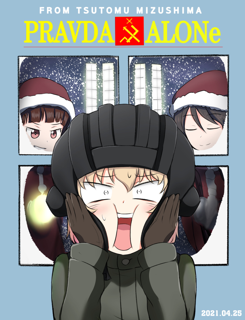 3girls alternate_costume armorganger bangs black_gloves black_headwear blonde_hair blunt_bangs bob_cut brown_hair closed_eyes closed_mouth commentary constricted_pupils crossover dated emblem english_text facing_another fang frown girls_und_panzer gloves green_jumpsuit grin hands_on_own_face hat helmet highres home_alone jumpsuit katyusha_(girls_und_panzer) long_sleeves looking_at_another looking_at_viewer mika_(girls_und_panzer) mikko_(girls_und_panzer) multiple_girls open_mouth parody pravda_(emblem) pravda_military_uniform red_eyes red_headwear redhead santa_costume santa_hat short_hair smile snowing sweatdrop tank_helmet v-shaped_eyes window