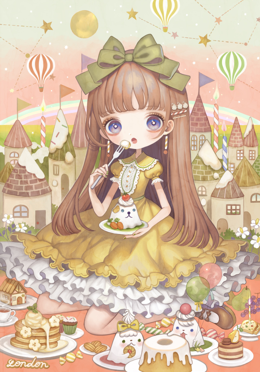 1girl aircraft bangs blunt_bangs blush bow brown_footwear brown_hair building candle constellation dress earrings food fork green_bow hair_bow heart highres holding holding_fork hot_air_balloon jewelry lalala222 long_hair open_mouth original plate shoes short_sleeves solo violet_eyes yellow_dress