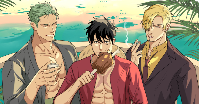 109ddong 3boys absurdres bare_pectorals between_fingers black_eyes black_hair blonde_hair boned_meat cigarette collared_shirt commentary cup eating facial_hair food food_on_face formal green_hair grin hair_over_one_eye hat hat_around_neck highres holding holding_cigarette holding_cup holding_food looking_at_viewer looking_away male_focus meat monkey_d._luffy multiple_boys necktie one_eye_closed one_eye_covered one_piece palm_leaf pectorals red_neckwear roronoa_zoro sanji scar scar_across_eye scar_on_chest shirt short_hair smile smoke smoking straw_hat suit symbol_commentary yellow_shirt