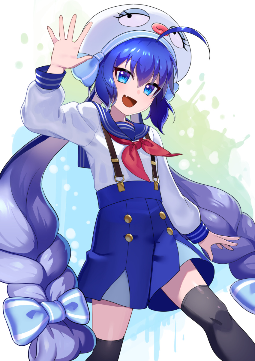 1girl :d ahoge aqua_bow aqua_headwear arm_at_side arm_up bangs black_legwear blue_eyes blue_hair blue_sailor_collar blue_skirt bow buttons eel_hat fang gradient_hair hair_bow hand_up hat highres leg_lift long_hair long_sleeves looking_at_viewer low-braided_long_hair low_twintails multicolored_hair neckerchief open_mouth otomachi_una red_neckwear sailor_collar saz8720 school_uniform serafuku skin_fang skirt smile solo suspender_skirt suspenders thigh-highs tsurime twintails very_long_hair vocaloid waving white_background