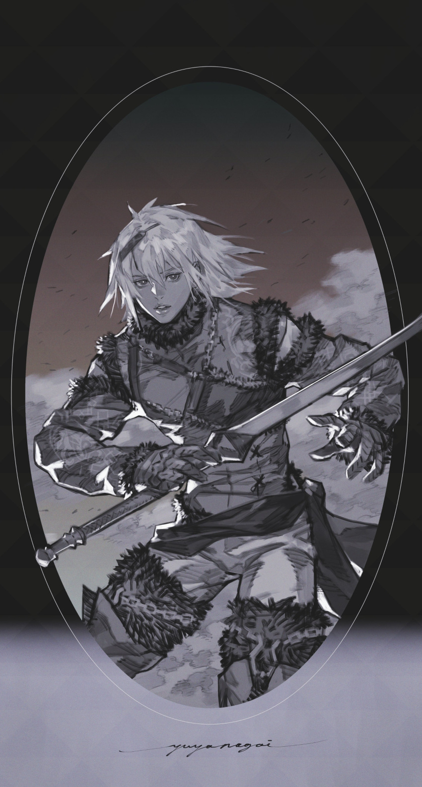 1boy absurdres boots commentary fur_trim gloves gradient gradient_background greyscale hair_between_eyes hair_ornament highres holding holding_sword holding_weapon looking_at_viewer medium_hair monochrome nier nier_(series) nier_(young) signature sword thigh-highs thigh_boots v8 weapon white_hair