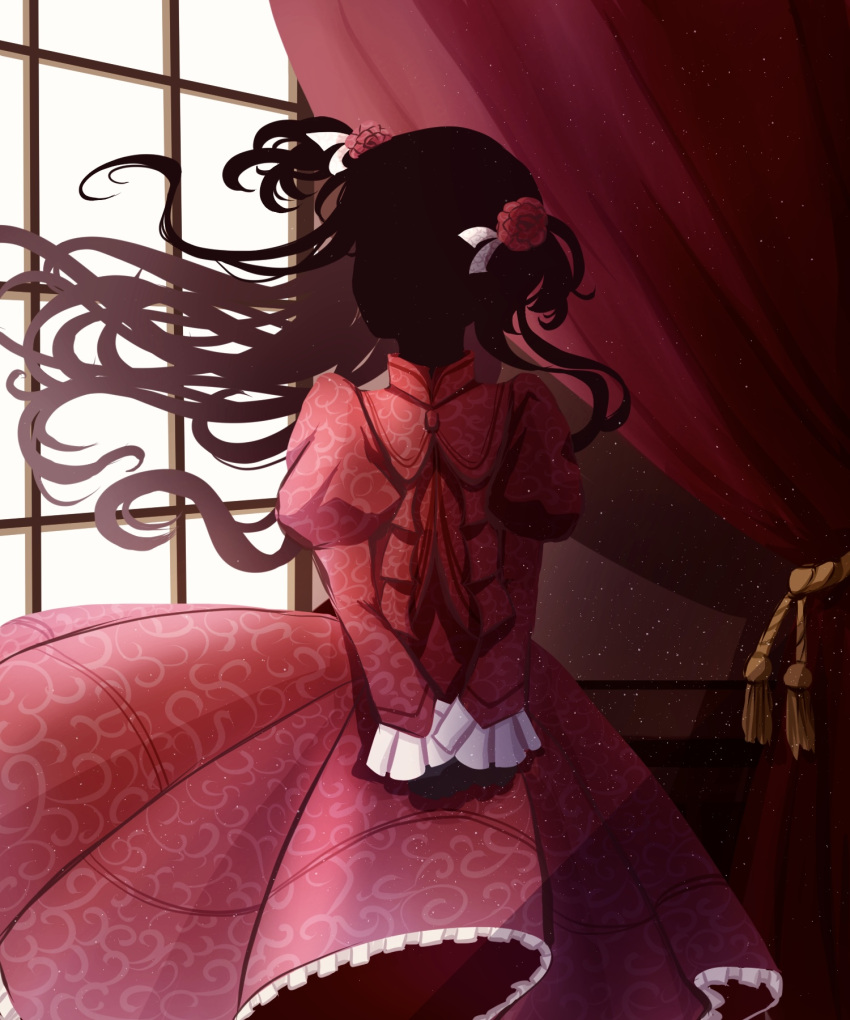 1girl black_hair black_skin chimy colored_skin dress highres kate_(shadows_house) long_hair red_curtains red_dress rose_hair_ornament shadow_(shadows_house) shadows_house twintails window