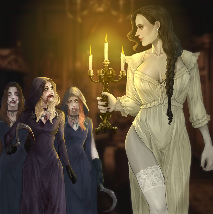 4girls absurdres alcina_dimitrescu annasassiart bela_(resident_evil) black_hair blonde_hair blood blue_hair braid brown_hair candlestand cassandra_(resident_evil) cloak daniela_(resident_evil) earrings highres holding holding_candle holding_weapon hood hooded_cloak jewelry long_hair looking_at_another looking_down multiple_girls necklace nightgown orange_hair pelvic_curtain resident_evil resident_evil_village smile tall tall_female thigh-highs weapon yellow_eyes