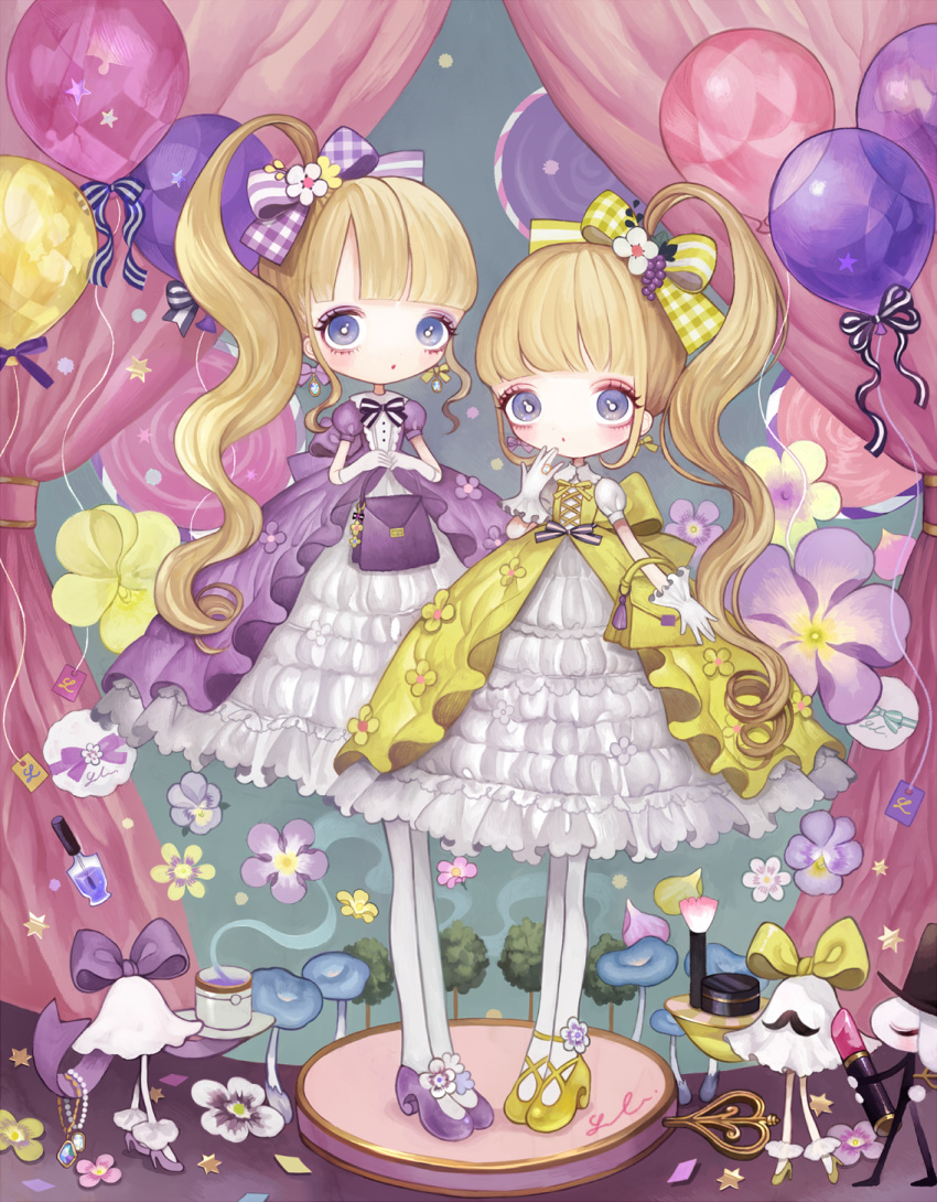 2girls balloon bangs blonde_hair blunt_bangs bow cup curtains dress frilled_dress frills full_body gloves grey_eyes hair_bow hand_up highres lalala222 long_hair looking_at_viewer multiple_girls original plaid plaid_bow purple_bow purple_dress purple_footwear shoes short_sleeves side_ponytail standing steam striped striped_bow very_long_hair white_gloves yellow_bow yellow_dress yellow_footwear