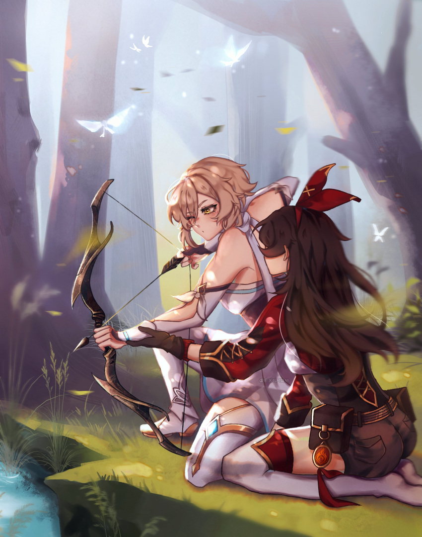 2girls absurdres amber_(genshin_impact) arrow_(projectile) bangs bare_shoulders blonde_hair bow_(weapon) brown_hair dress ex1l1um forest genshin_impact gloves goggles grass hair_between_eyes hair_ornament hair_ribbon highres holding holding_weapon long_hair long_sleeves lumine_(genshin_impact) multiple_girls nature one_eye_closed red_ribbon ribbon short_hair short_shorts shorts thigh-highs water weapon white_dress yellow_eyes