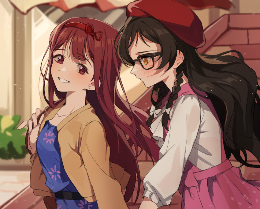 2girls absurdres beige_jacket beret bespectacled black-framed_eyewear blue_dress blush braid brown_hair casual closed_mouth dress floral_print glasses hano9789 hat headband highres idolmaster idolmaster_million_live! jacket kitazawa_shiho long_hair long_sleeves multiple_girls open_clothes open_jacket parted_lips pink_dress red_eyes red_headband red_headwear redhead shirt smile tanaka_kotoha twin_braids upper_body white_shirt yellow_eyes