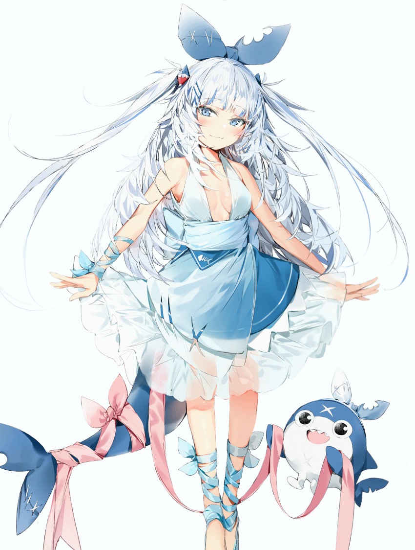 1girl absurdres bare_shoulders bloop_(gawr_gura) blue_dress blue_eyes blue_hair blue_ribbon breasts closed_mouth commentary_request dress fish_tail frilled_dress frills gawr_gura grey_background hair_ribbon highres hololive hololive_english long_hair multicolored_hair ribbon see-through shark_tail silver_(chenwen) silver_hair simple_background sleeveless sleeveless_dress small_breasts smile streaked_hair tail two_side_up very_long_hair virtual_youtuber