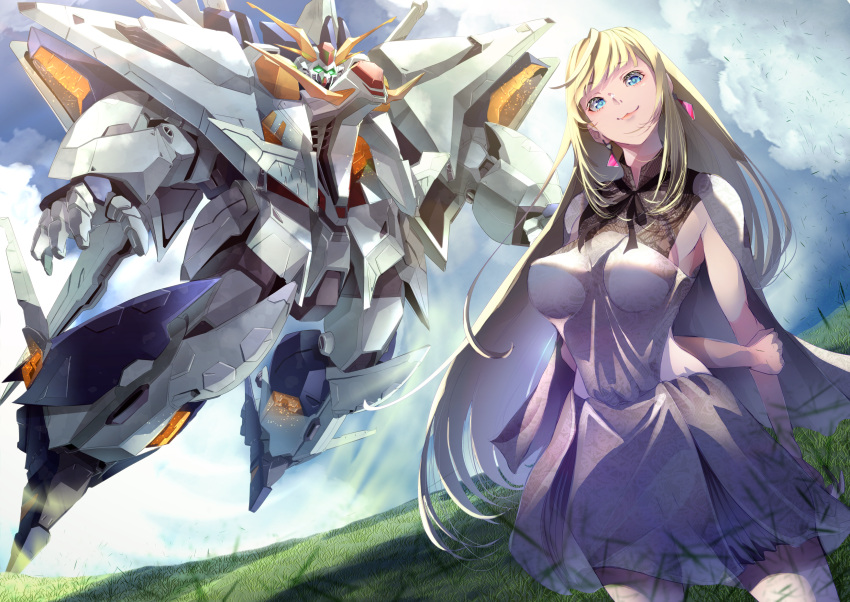 1girl bangs blonde_hair blue_eyes breasts cape clouds cloudy_sky commentary dress earrings flying gigi_andalusia grasslands green_eyes gundam gundam_hathaway's_flash highres jewelry large_breasts long_hair mecha mobile_suit sakusakusakurai science_fiction sky smile v-fin very_long_hair white_dress xi_gundam