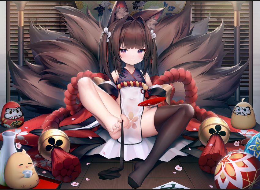 1girl amagi-chan_(azur_lane) animal animal_ear_fluff animal_ears azur_lane bare_legs bare_shoulders bird black_legwear brown_hair chick closed_mouth covered_navel daruma_doll eyeshadow feet fox_ears fox_girl fox_tail hair_intakes highres japanese_clothes kyuubi legwear_removed long_hair looking_at_viewer makeup manjuu_(azur_lane) multiple_tails no_panties no_shoes pelvic_curtain rope single_thighhigh sitting skindentation sleeveless solo spread_legs tail taitai thigh-highs thighs toes twintails violet_eyes