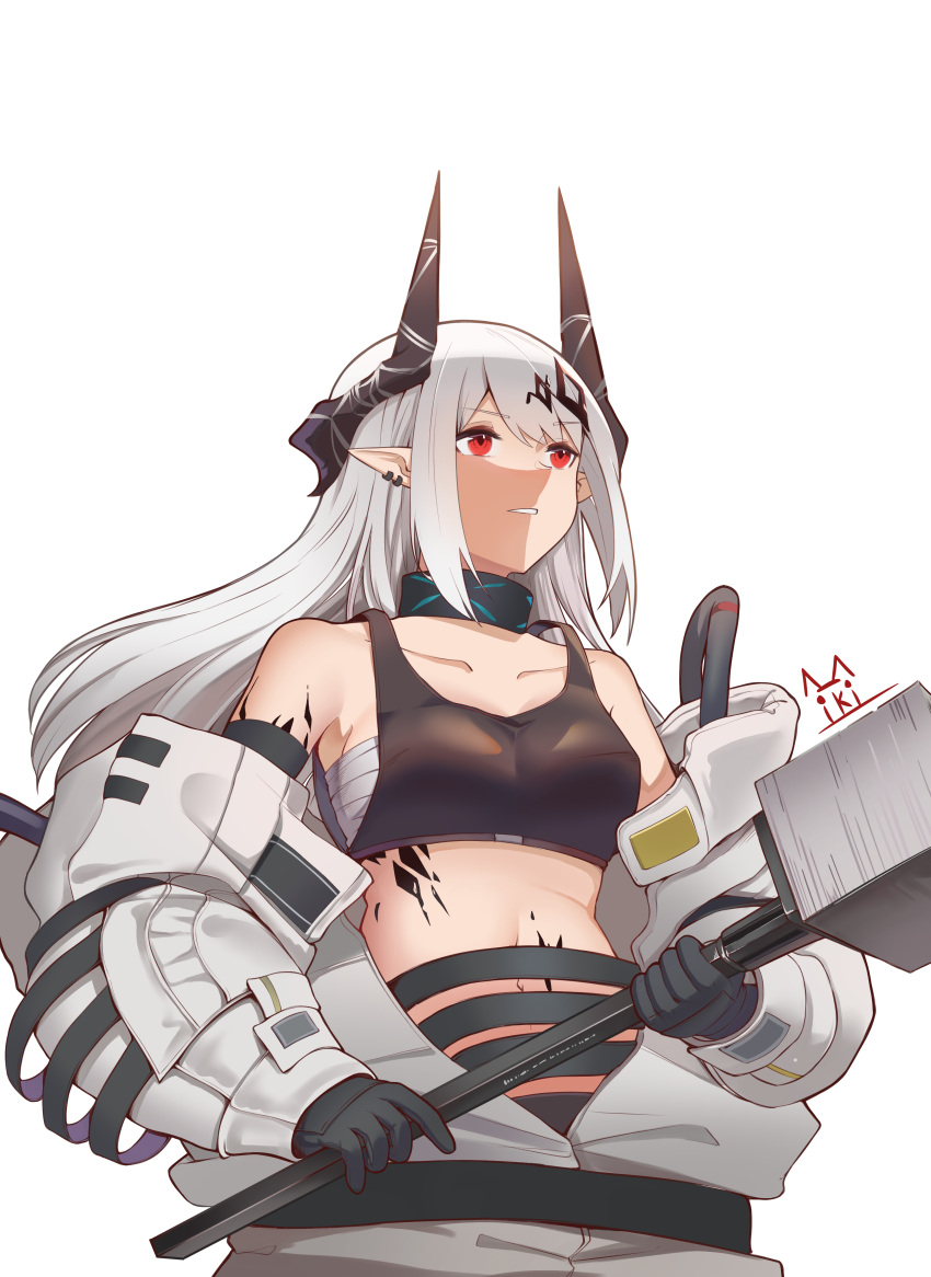 1girl absurdres arknights bandages bangs bare_shoulders black_collar black_gloves breasts collar collarbone commentary_request crop_top eyebrows_visible_through_hair gloves hammer highres holding holding_hammer holding_weapon horns infection_monitor_(arknights) long_hair long_sleeves midriff mikiseriavoid mudrock_(arknights) off_shoulder oripathy_lesion_(arknights) parted_lips partial_commentary pointy_ears red_eyes sarashi silver_hair simple_background small_breasts solo sports_bra upper_body weapon white_background