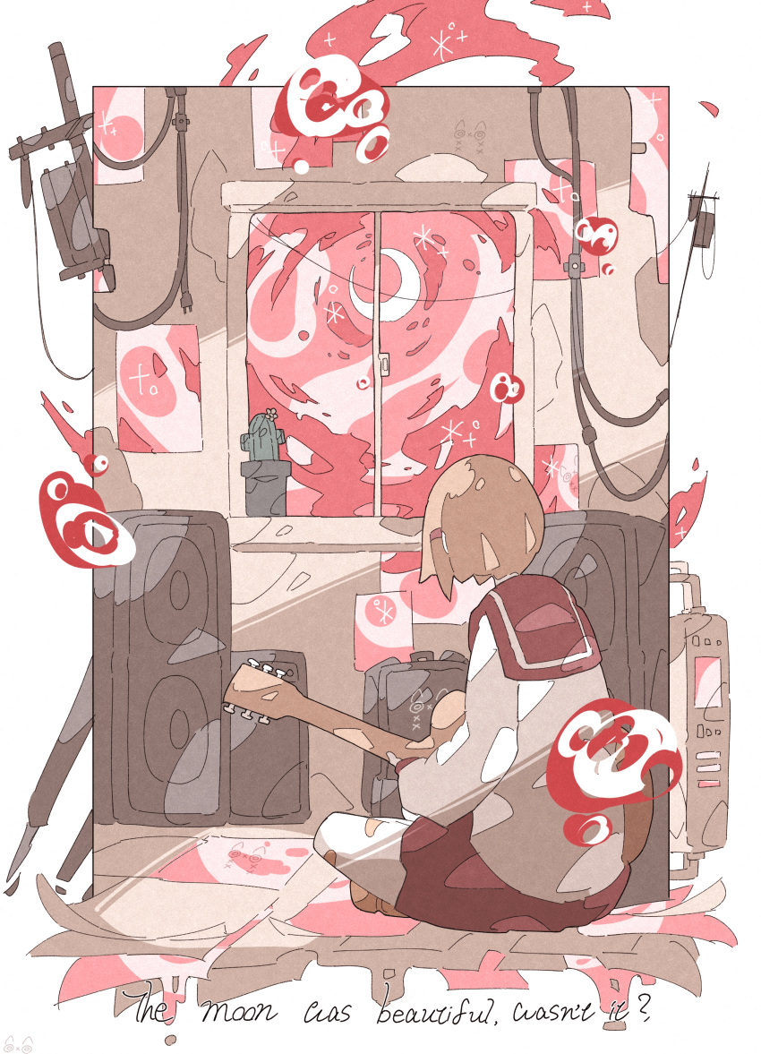 1girl absurdres brown_hair crescent_moon english_text from_behind guitar haru57928031 highres instrument moon original red_sailor_collar red_skirt red_sky sailor_collar shirt short_hair sitting skirt sky solo speaker white_shirt window