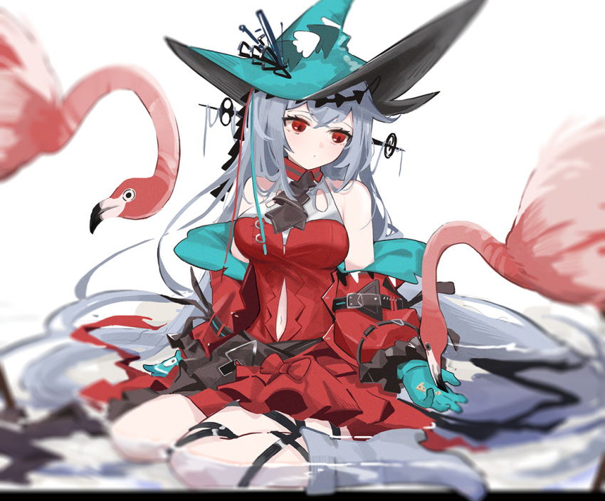 1girl aqua_gloves aqua_headwear arknights bangs bare_shoulders bird blush boots breasts clothing_cutout dress english_commentary feeding flamingo gloves long_hair long_sleeves medium_breasts navel navel_cutout off-shoulder_dress off_shoulder partially_submerged red_dress red_eyes short_dress siguma_(13238772100) silver_hair simple_background sitting skadi_(arknights) skadi_(the_corrupting_heart)_(arknights) solo thigh_strap thighs very_long_hair wariza water white_background white_footwear wide_sleeves