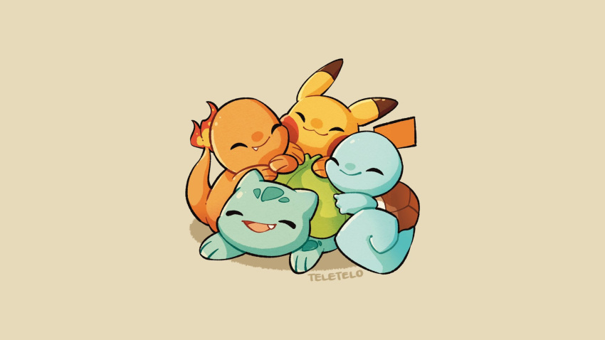 :3 bulbasaur charmander closed_eyes closed_mouth commentary english_commentary fang fang_out gen_1_pokemon highres no_humans open_mouth pikachu pokemon pokemon_(creature) signature smile squirtle teletelo tongue |d