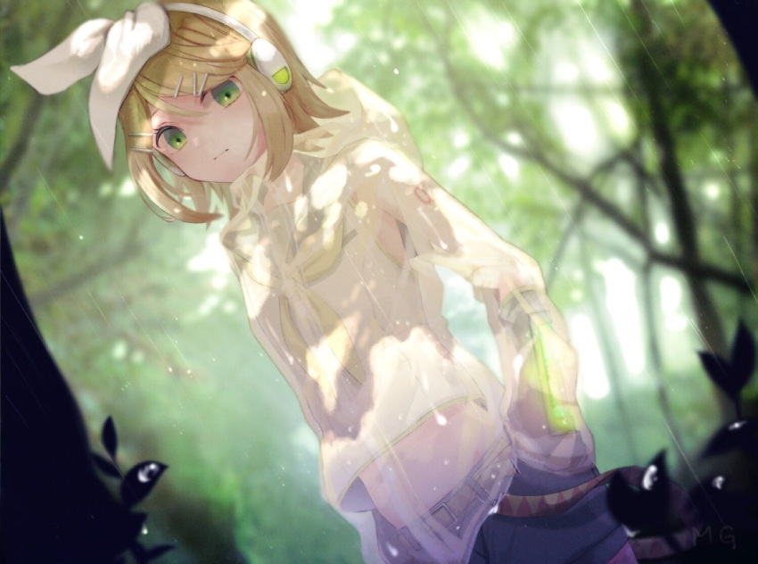1girl arm_warmers bare_shoulders belt blonde_hair bow commentary cowboy_shot dappled_sunlight dutch_angle expressionless forest green_eyes grey_shorts hair_bow hair_ornament hairclip hand_in_pocket headphones kagamine_rin looking_at_viewer midriff nature navel neckerchief outdoors rain raincoat sailor_collar see-through_jacket shirt short_hair short_shorts shorts shoulder_tattoo sleeveless sleeveless_shirt solo strawberrya_mg sunlight tattoo treble_clef tree vocaloid water_drop white_bow white_shirt yellow_neckwear