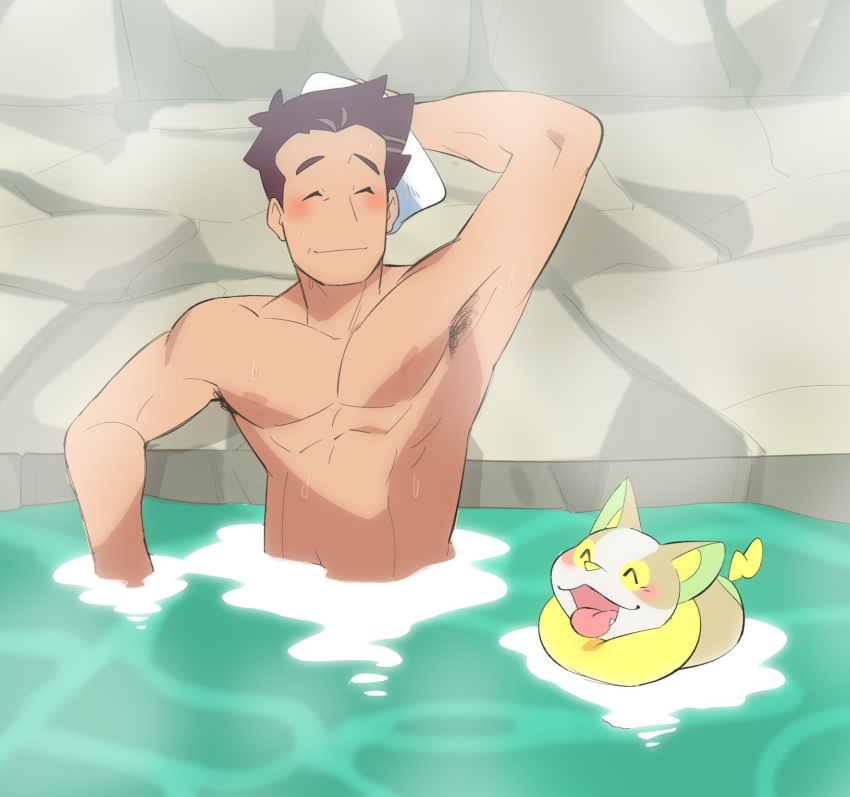 1boy arm_behind_head armpit_hair armpits bathing blush brown_hair cerise_(pokemon) closed_eyes closed_mouth commentary day dog english_commentary gen_8_pokemon highres male_focus onsen outdoors pokemon pokemon_(anime) pokemon_(creature) pokemon_swsh_(anime) saturday_(hokawazu) shirtless short_hair smile steam water wet yamper