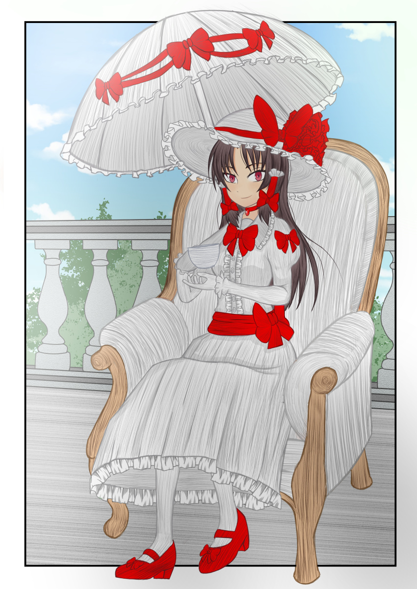 1girl absurdres bow chair corruption crossed_legs cup dress gloves hakurei_reimu hat hat_bow hat_ribbon high_heels highres long_skirt mary_janes medium_hair parasol red_bow red_footwear reimu_scarlet ribbon scarlet_devil_mansion scarletreddevil shoes sitting skirt teacup thigh-highs touhou umbrella vampire waist_bow white_background white_dress white_gloves white_headwear white_legwear white_skirt