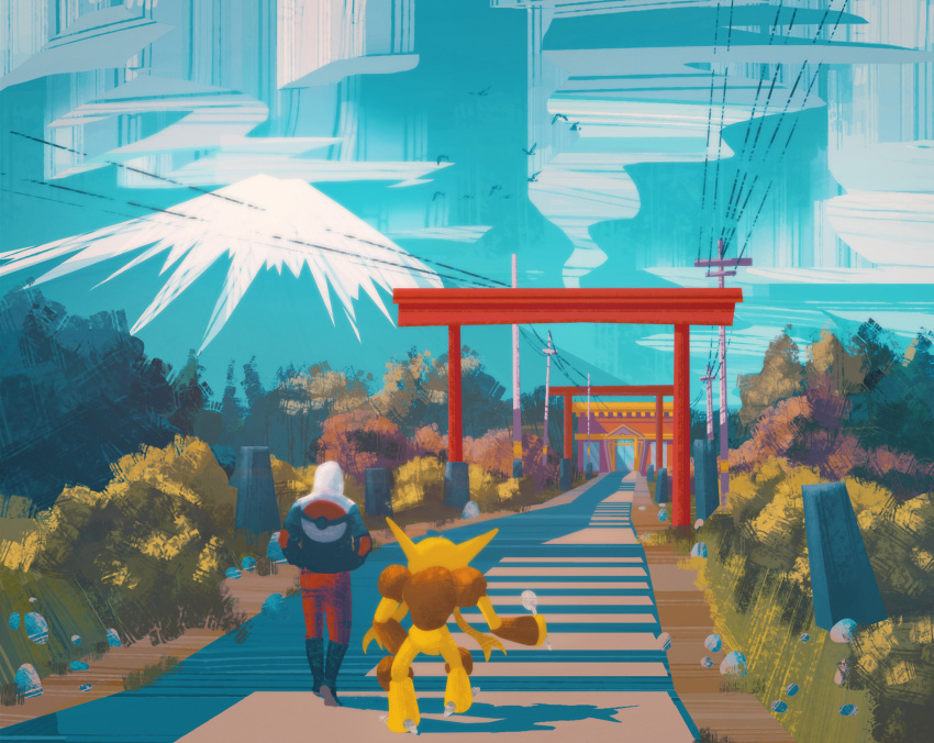 alakazam bird blue_sky building bush cloud cloudy_sky commentary english_commentary forest gen_1_pokemon grass highres hood hoodie mountain nature outdoors pants plant pokemon pokemon_(creature) power_lines road rock simone_mandl sky snow spoon standing torii tree utility_pole walking