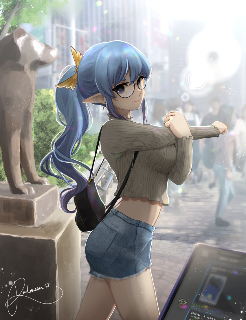 1girl absurdres bag black-framed_eyewear blue_eyes blue_hair breasts cropped_sweater crowd day denim denim_shorts earrings elf from_side gloves handbag highres jewelry large_breasts lens_flare long_hair looking_at_viewer midriff original pointy_ears rae_laviere_(artist) shorts solo_focus stretch tokyo_(city)