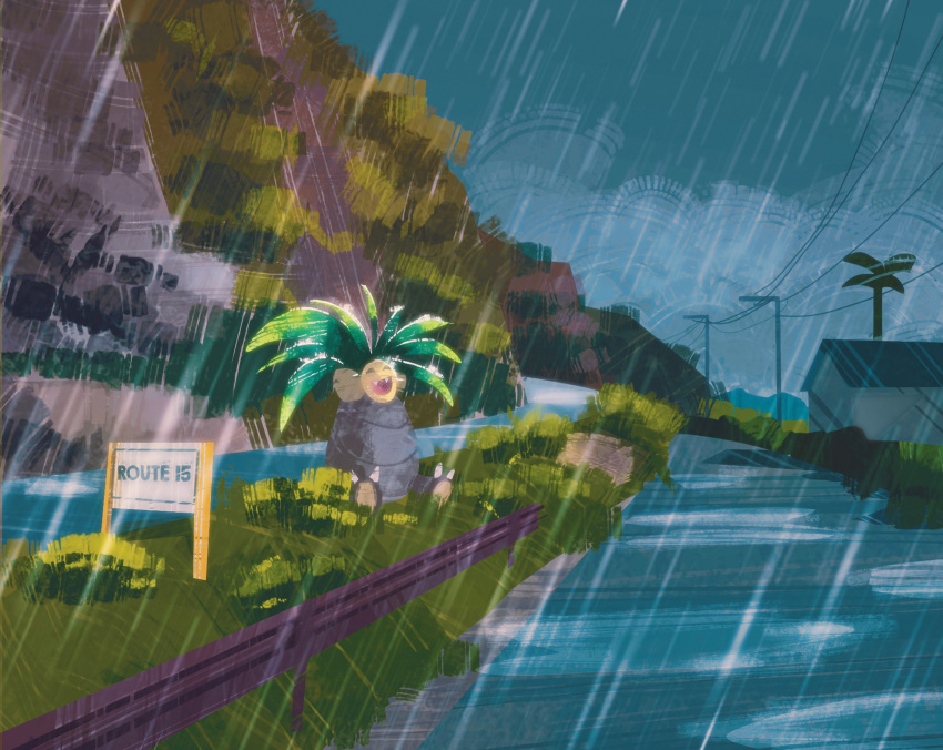 blue_sky building bush commentary english_commentary exeggutor gen_1_pokemon grass highres mountain outdoors palm_tree plant pokemon pokemon_(creature) rain road scenery sign simone_mandl sitting sky tree