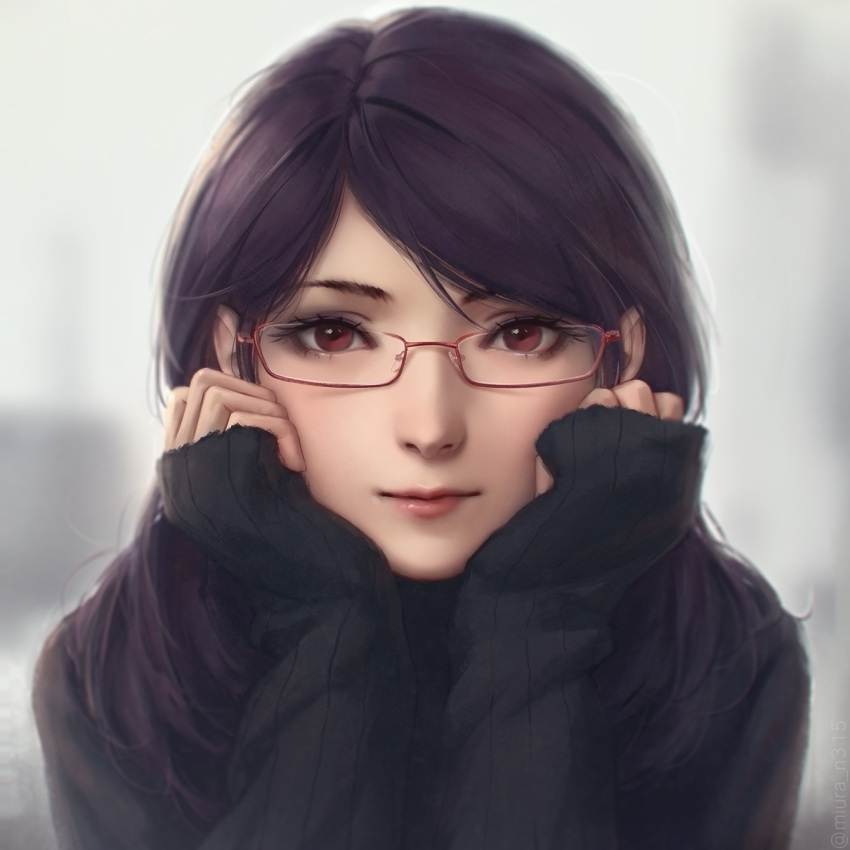 1girl artist_name bangs black_hair black_sweater blurry blurry_background closed_mouth commentary_request face glasses grey_background hands_on_own_cheeks hands_on_own_face highres kamishiro_rize long_hair long_sleeves looking_at_viewer miura-n315 nose portrait red_eyes semi-rimless_eyewear sleeves_past_wrists smile solo sweater tokyo_ghoul