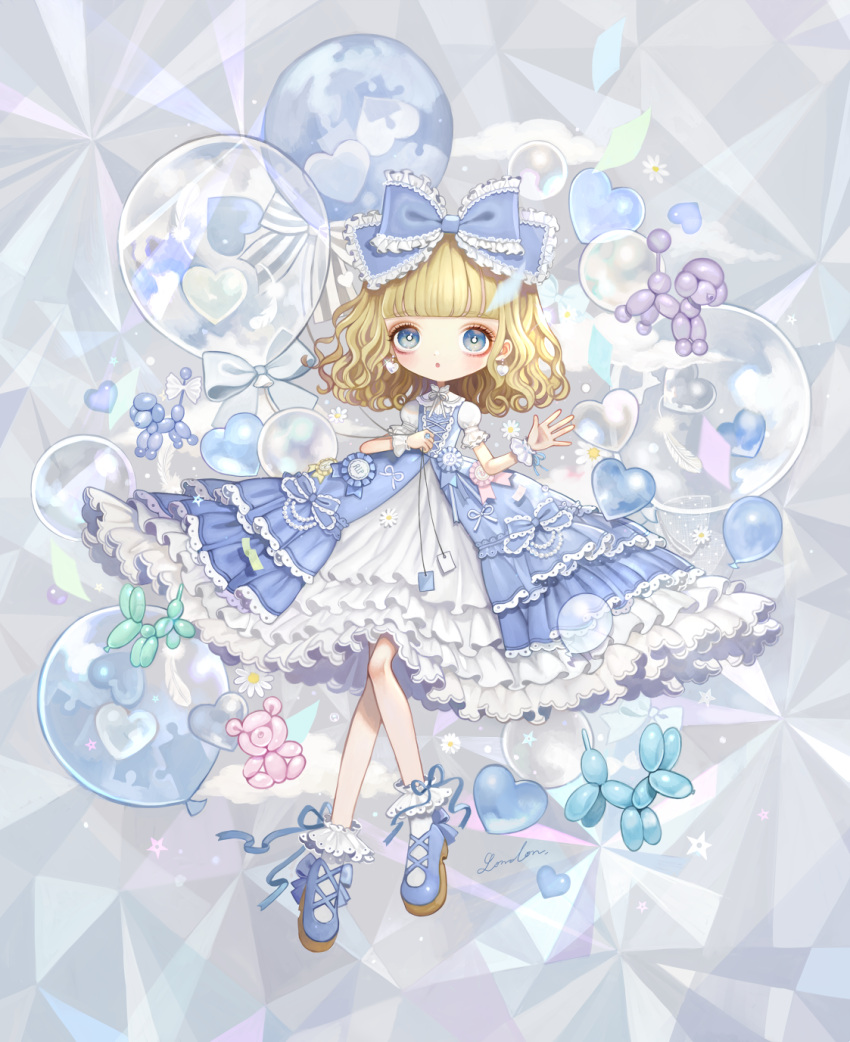 1girl balloon balloon_animal bangs blonde_hair blue_bow blue_eyes blue_footwear blunt_bangs bow bright_pupils dress earrings feathers frilled_bow frilled_dress frills hair_bow hands_up heart heart_earrings highres jewelry lalala222 medium_hair original shoes short_sleeves solo white_feathers white_pupils