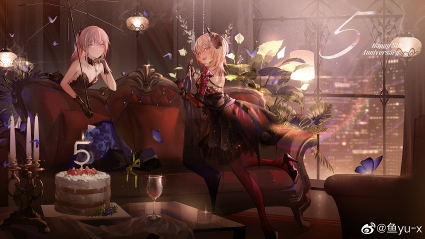 2girls absurdres anniversary bare_shoulders blonde_hair bouquet bug butterfly cake candelabra champagne_bottle couch flower food fruit girls_frontline hair_flower hair_ornament headgear high_heels highres insect looking_at_viewer looking_back m4_sopmod_ii_(girls_frontline) mechanical_arms multiple_girls official_alternate_costume pink_eyes pink_hair ponytail single_mechanical_arm smile st_ar-15_(girls_frontline) strawberry umbrella yu-x