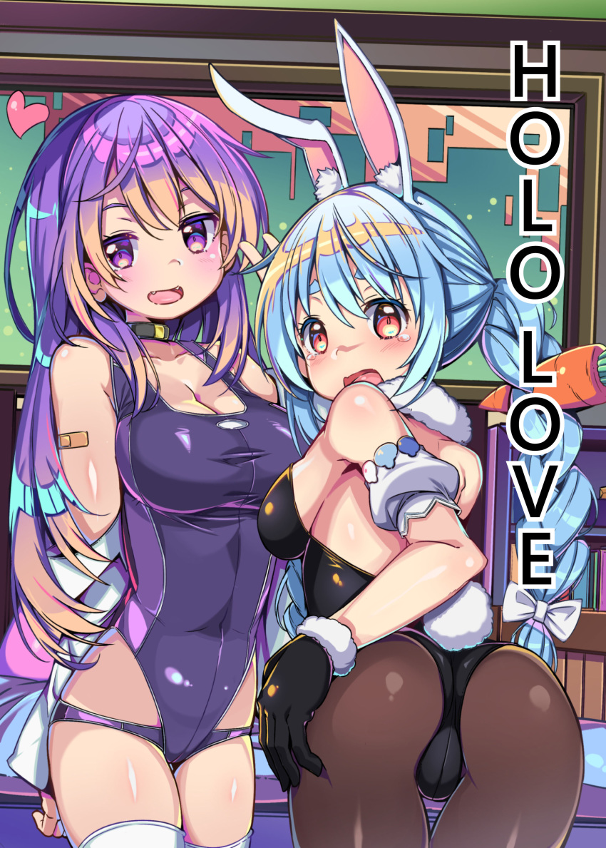 2girls absurdres animal_ear_fluff animal_ears ass backless_leotard backless_outfit bare_shoulders black_legwear black_leotard blue_hair bunny_tail chai_mao cowboy_shot embarrassed highres hololive hololive_indonesia leotard looking_at_viewer moona_hoshinova multiple_girls one-piece_swimsuit open_mouth pantyhose playboy_bunny purple_hair purple_swimsuit rabbit_ears rabbit_girl strapless strapless_leotard swimsuit tail tearing_up usada_pekora virtual_youtuber