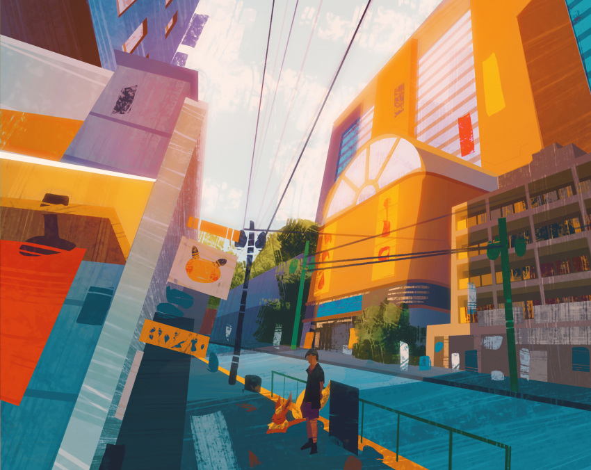 barricade blue_sky building celadon_city city cloud cloudy_sky commentary english_commentary flareon gen_1_pokemon highres outdoors pikachu pokemon pokemon_(creature) power_lines road scenery shorts sidewalk sign simone_mandl sky utility_pole