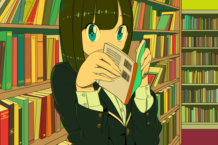 1girl aqua_eyes bangs black_jacket book bookshelf covered_mouth eyebrows_visible_through_hair holding holding_book jacket long_sleeves looking_at_viewer nobile1031 original shelf shirt solo upper_body white_shirt